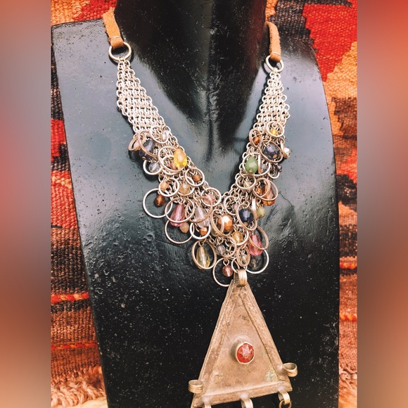 Turkmen Pendant on Beaded Chainmaille Necklace / Vintage Afghan Kuchi Boho - Picture 2 of 4